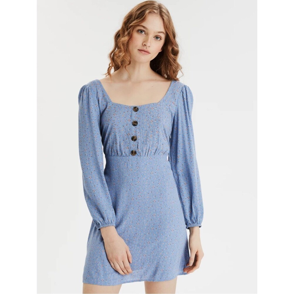 American Eagle Blue Ditsy Floral Button Front Square Neck Mini Dress Large